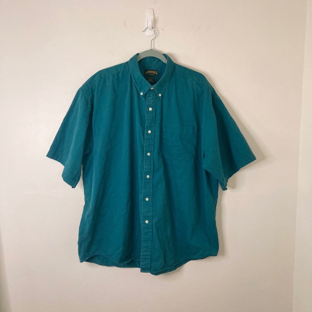 Vtg 90s Cambridge Classics XL 2XL Teal Green Cotton Short Sleeve Button Down